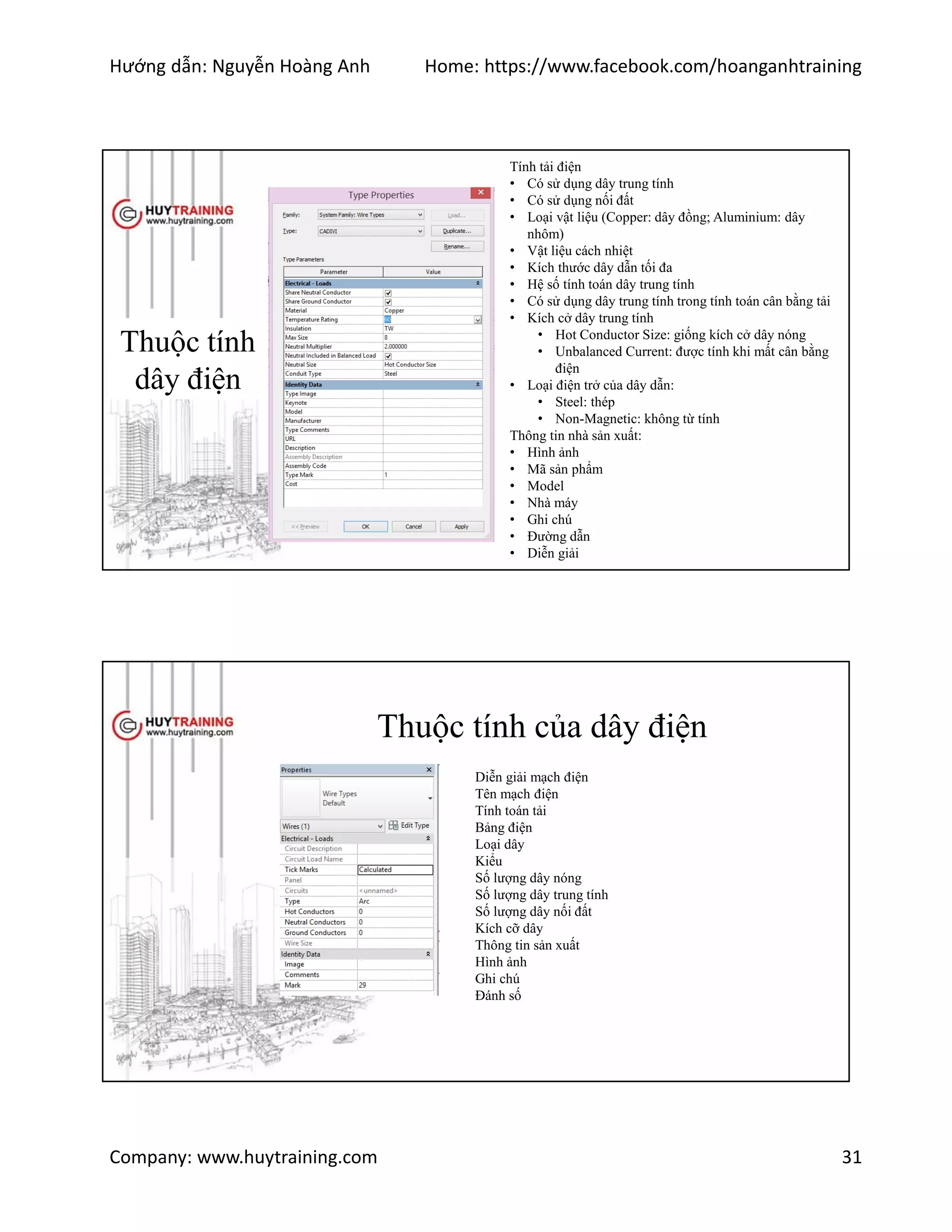 Hướng dẫn: Nguyễn Hoàng Anh Home: https://www.facebook.com/hoanganhtraining
Company: www.huytraining.com 31
Thuộc tính
dây điện
Tính tải điện
• Có sử dụng dây trung tính
• Có sử dụng nối đất
• Loại vật liệu (Copper: dây đồng; Aluminium: dây
nhôm)
• Vật liệu cách nhiệt
• Kích thước dây dẫn tối đa
• Hệ số tính toán dây trung tính
• Có sử dụng dây trung tính trong tính toán cân bằng tải
• Kích cở dây trung tính
• Hot Conductor Size: giống kích cở dây nóng
• Unbalanced Current: được tính khi mất cân bằng
điện
• Loại điện trở của dây dẫn:
• Steel: thép
• Non-Magnetic: không từ tính
Thông tin nhà sản xuất:
• Hình ảnh
• Mã sản phẩm
• Model
• Nhà máy
• Ghi chú
• Đường dẫn
• Diễn giải
Thuộc tính của dây điện
Diễn giải mạch điện
Tên mạch điện
Tính toán tải
Bảng điện
Loại dây
Kiểu
Số lượng dây nóng
Số lượng dây trung tính
Số lượng dây nối đất
Kích cỡ dây
Thông tin sản xuất
Hình ảnh
Ghi chú
Đánh số
 