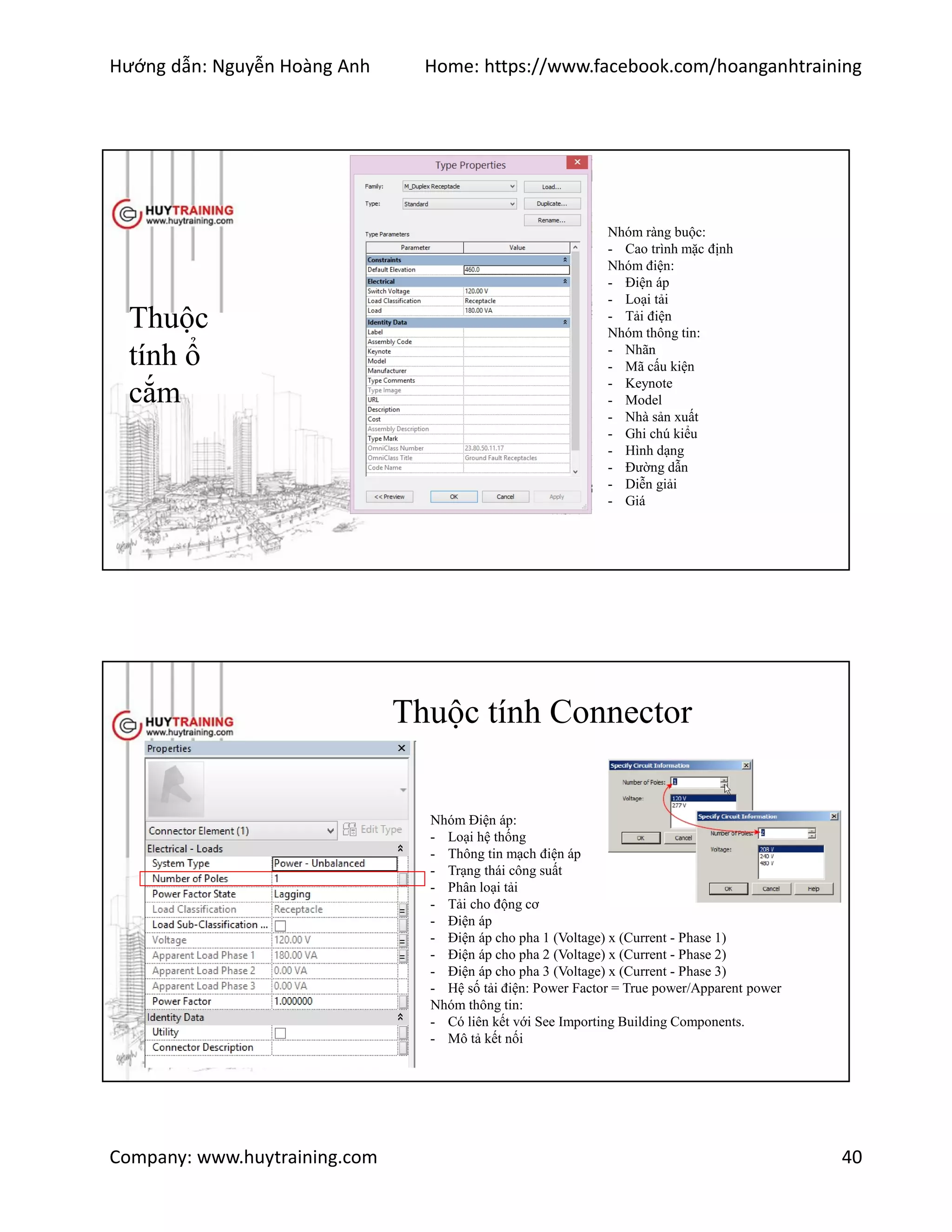 Hướng dẫn: Nguyễn Hoàng Anh Home: https://www.facebook.com/hoanganhtraining
Company: www.huytraining.com 40
Thuộc
tính ổ
cắm
Nhóm ràng buộc:
- Cao trình mặc định
Nhóm điện:
- Điện áp
- Loại tải
- Tải điện
Nhóm thông tin:
- Nhãn
- Mã cấu kiện
- Keynote
- Model
- Nhà sản xuất
- Ghi chú kiểu
- Hình dạng
- Đường dẫn
- Diễn giải
- Giá
Thuộc tính Connector
Nhóm Điện áp:
- Loại hệ thống
- Thông tin mạch điện áp
- Trạng thái công suất
- Phân loại tải
- Tải cho động cơ
- Điện áp
- Điện áp cho pha 1 (Voltage) x (Current - Phase 1)
- Điện áp cho pha 2 (Voltage) x (Current - Phase 2)
- Điện áp cho pha 3 (Voltage) x (Current - Phase 3)
- Hệ số tải điện: Power Factor = True power/Apparent power
Nhóm thông tin:
- Có liên kết với See Importing Building Components.
- Mô tả kết nối
 