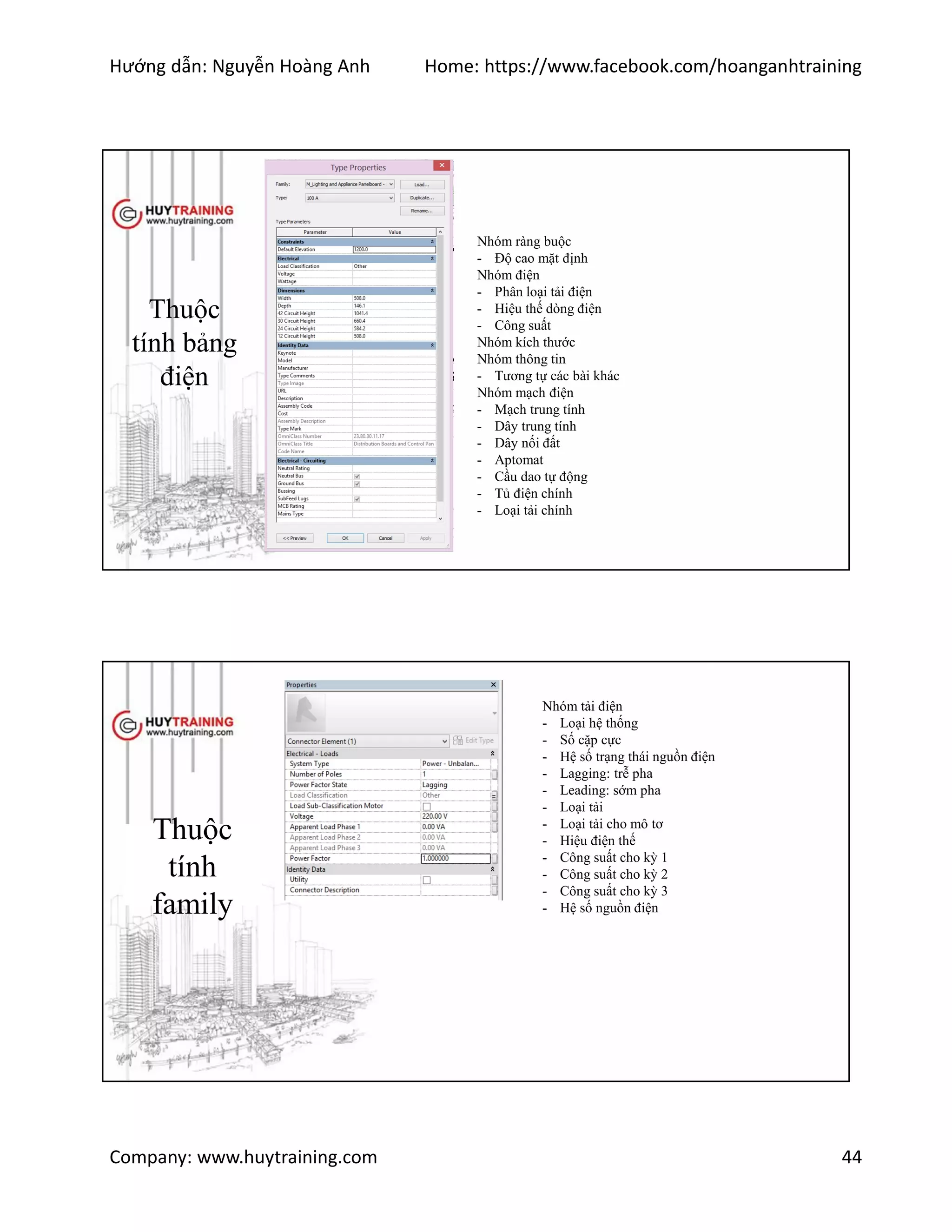 Hướng dẫn: Nguyễn Hoàng Anh Home: https://www.facebook.com/hoanganhtraining
Company: www.huytraining.com 44
Thuộc
tính bảng
điện
Nhóm ràng buộc
- Độ cao mặt định
Nhóm điện
- Phân loại tải điện
- Hiệu thế dòng điện
- Công suất
Nhóm kích thước
Nhóm thông tin
- Tương tự các bài khác
Nhóm mạch điện
- Mạch trung tính
- Dây trung tính
- Dây nối đất
- Aptomat
- Cầu dao tự động
- Tủ điện chính
- Loại tải chính
Thuộc
tính
family
Nhóm tải điện
- Loại hệ thống
- Số cặp cực
- Hệ số trạng thái nguồn điện
- Lagging: trễ pha
- Leading: sớm pha
- Loại tải
- Loại tải cho mô tơ
- Hiệu điện thế
- Công suất cho kỳ 1
- Công suất cho kỳ 2
- Công suất cho kỳ 3
- Hệ số nguồn điện
 