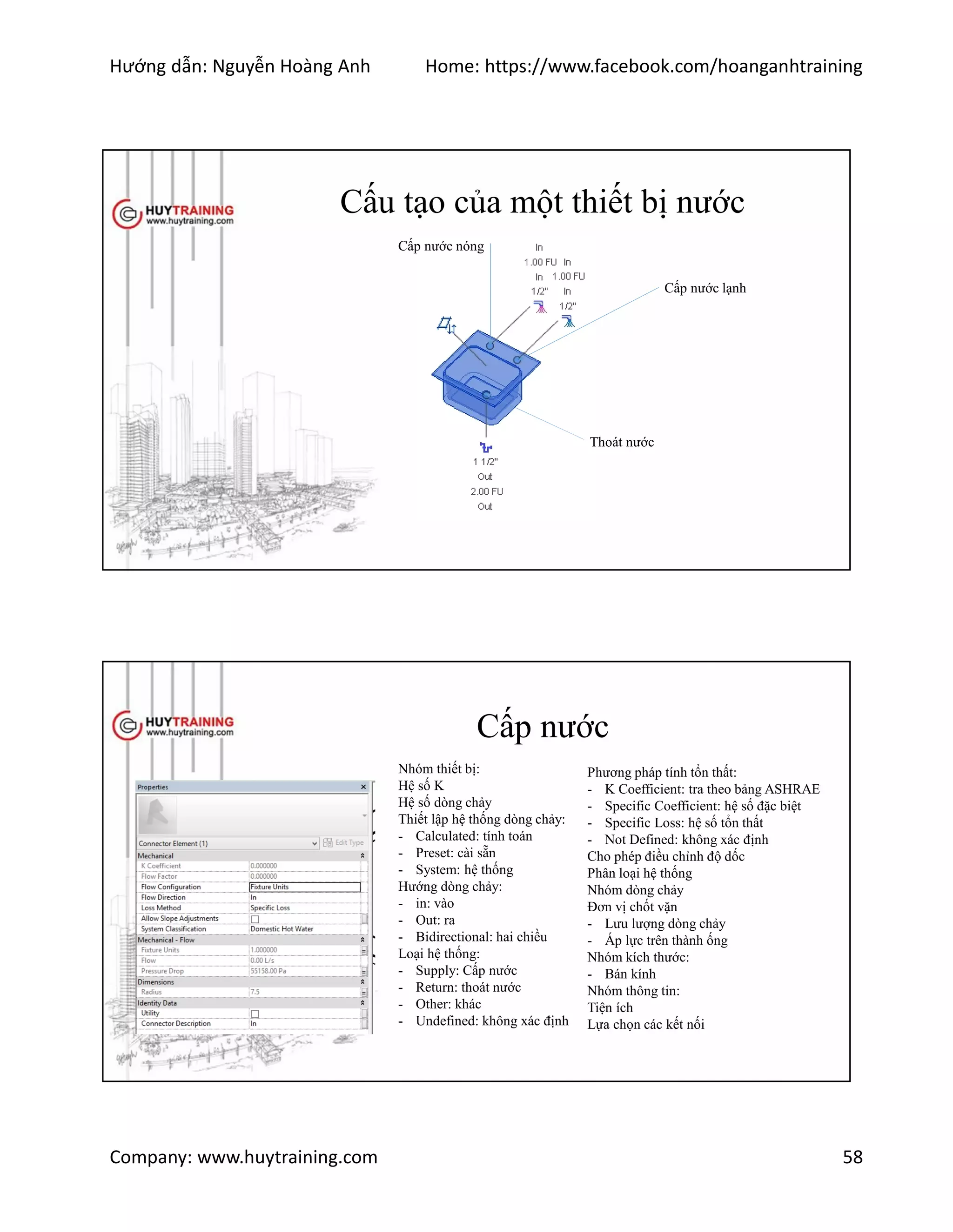 Hướng dẫn: Nguyễn Hoàng Anh Home: https://www.facebook.com/hoanganhtraining
Company: www.huytraining.com 58
Cấu tạo của một thiết bị nước
Cấp nước nóng
Cấp nước lạnh
Thoát nước
Cấp nước
Nhóm thiết bị:
Hệ số K
Hệ số dòng chảy
Thiết lập hệ thống dòng chảy:
- Calculated: tính toán
- Preset: cài sẵn
- System: hệ thống
Hướng dòng chảy:
- in: vào
- Out: ra
- Bidirectional: hai chiều
Loại hệ thống:
- Supply: Cấp nước
- Return: thoát nước
- Other: khác
- Undefined: không xác định
Phương pháp tính tổn thất:
- K Coefficient: tra theo bảng ASHRAE
- Specific Coefficient: hệ số đặc biệt
- Specific Loss: hệ số tổn thất
- Not Defined: không xác định
Cho phép điều chỉnh độ dốc
Phân loại hệ thống
Nhóm dòng chảy
Đơn vị chốt vặn
- Lưu lượng dòng chảy
- Áp lực trên thành ống
Nhóm kích thước:
- Bán kính
Nhóm thông tin:
Tiện ích
Lựa chọn các kết nối
 