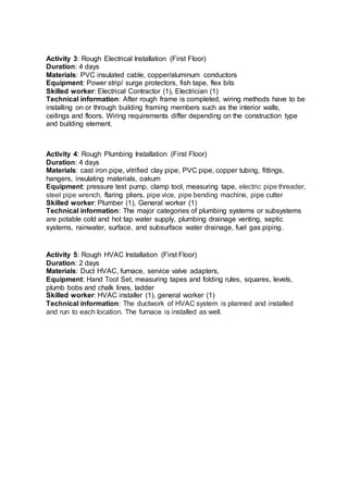 Activity 5: Rough HVAC Installation (First Floor)
Duration: 2 days
Materials: Duct HVAC, furnace, service valve adapters,
Equipment: Hand Tool Set, measuring tapes and folding rules, squares, levels,
plumb bobs and chalk lines, ladder
Skilled worker: HVAC installer (1), general worker (1)
Technical information: The ductwork of HVAC system is planned and installed
and run to each location. The furnace is installed as well.
Activity 3: Rough Electrical Installation (First Floor)
Duration: 4 days
Materials: PVC insulated cable, copper/aluminum conductors
Equipment: Power strip/ surge protectors, fish tape, flex bits
Skilled worker: Electrical Contractor (1), Electrician (1)
Technical information: After rough frame is completed, wiring methods have to be
installing on or through building framing members such as the interior walls,
ceilings and floors. Wiring requirements differ depending on the construction type
and building element.
Activity 4: Rough Plumbing Installation (First Floor)
Duration: 4 days
Materials: cast iron pipe, vitrified clay pipe, PVC pipe, copper tubing, fittings,
hangers, insulating materials, oakum
Equipment: pressure test pump, clamp tool, measuring tape, electric pipe threader,
steel pipe wrench, flaring pliers, pipe vice, pipe bending machine, pipe cutter
Skilled worker: Plumber (1), General worker (1)
Technical information: The major categories of plumbing systems or subsystems
are potable cold and hot tap water supply, plumbing drainage venting, septic
systems, rainwater, surface, and subsurface water drainage, fuel gas piping.
 