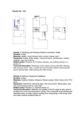 Week 42 - 43
Activity 2: Bathroom Equipment Installation
Duration: 2 days
Materials: Sockets, Heaters, Showers, Shower pumps, Water closet, Sink, PVC
pipes
Equipment: Clamp tool, measuring tape, steel pipe wrench, flaring pliers, pipe
vice, pipe bending machine, pipe cutter
Skilled worker: Plumber (1), General worker (1)
Technical information: Materials are installed at first fix stage as they need to
be fitted prior to the commencement of tiling. This is essential to get professional
watertight seals, as water ingress resulting from doing things in the wrong order
can cause massive problems later on.
Activity 1: Plastering and Painting of Exterior and Interior Walls
Duration: 8 days
Materials: plaster, mixed blended white cement, coving, paint
Equipment: trowels, floats, hawks, masonry brushes, paintbrushes, ladders,
scaffolds, tape and masking
Skilled worker: Plasterer (2), Pointing, cleaning, and caulking workers (1),
painter (1)
Technical information: Plastering on the surface of brick wall after cleaning
with masonry brush. Then, scratch first coat of render before it set to provide
key for second layer. Wall painting with color chosen.
 