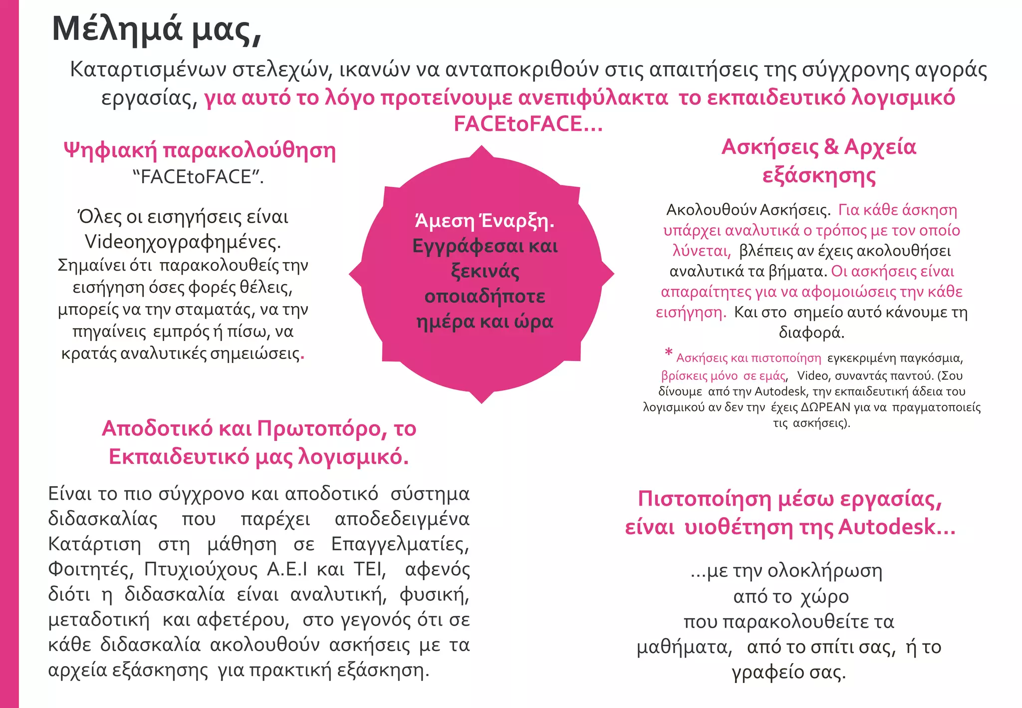 Καταρτισμένων στελεχών, ικανών να ανταποκριθούν στις απαιτήσεις της σύγχρονης αγοράς
εργασίας, για αυτό το λόγο προτείνουμε ανεπιφύλακτα το εκπαιδευτικό λογισμικό
FACEtoFACE…
Ψηφιακή παρακολούθηση
“FACEtoFACE”. .
Ασκήσεις & Αρχεία
εξάσκησης
Πιστοποίηση μέσω εργασίας,
είναι υιοθέτηση της Autodesk…
Μέλημά μας,
Είναι το πιο σύγχρονο και αποδοτικό σύστημα
διδασκαλίας που παρέχει αποδεδειγμένα
Κατάρτιση στη μάθηση σε Επαγγελματίες,
Φοιτητές, Πτυχιούχους Α.Ε.Ι και ΤΕΙ, αφενός
διότι η διδασκαλία είναι αναλυτική, φυσική,
μεταδοτική και αφετέρου, στο γεγονός ότι σε
κάθε διδασκαλία ακολουθούν ασκήσεις με τα
αρχεία εξάσκησης για πρακτική εξάσκηση.
Άμεση Έναρξη.
Εγγράφεσαι και
ξεκινάς
οποιαδήποτε
ημέρα και ώρα
Αποδοτικό και Πρωτοπόρο, το
Εκπαιδευτικό μας λογισμικό.
Όλες οι εισηγήσεις είναι
Videoηχογραφημένες.
Σημαίνει ότι παρακολουθείς την
εισήγηση όσες φορές θέλεις,
μπορείς να την σταματάς, να την
πηγαίνεις εμπρός ή πίσω, να
κρατάς αναλυτικές σημειώσεις.
…με την ολοκλήρωση
από το χώρο
που παρακολουθείτε τα
μαθήματα, από το σπίτι σας, ή το
γραφείο σας.
ΑκολουθούνΑσκήσεις. Για κάθε άσκηση
υπάρχει αναλυτικά ο τρόπος με τον οποίο
λύνεται, βλέπεις αν έχεις ακολουθήσει
αναλυτικά τα βήματα. Οι ασκήσεις είναι
απαραίτητες για να αφομοιώσεις την κάθε
εισήγηση. Και στο σημείο αυτό κάνουμε τη
διαφορά.
*Aσκήσεις και πιστοποίηση εγκεκριμένη παγκόσμια,
βρίσκεις μόνο σε εμάς, Video, συναντάς παντού. (Σου
δίνουμε από την Autodesk, την εκπαιδευτική άδεια του
λογισμικού αν δεν την έχεις ΔΩΡΕΑΝ για να πραγματοποιείς
τις ασκήσεις).
 