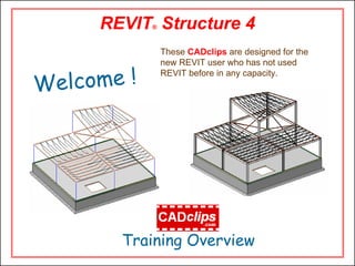 REVIT® Structure 4
These CADclips are designed for the
new REVIT user who has not used
REVIT before in any capacity.
Welcome !
Training Overview
 