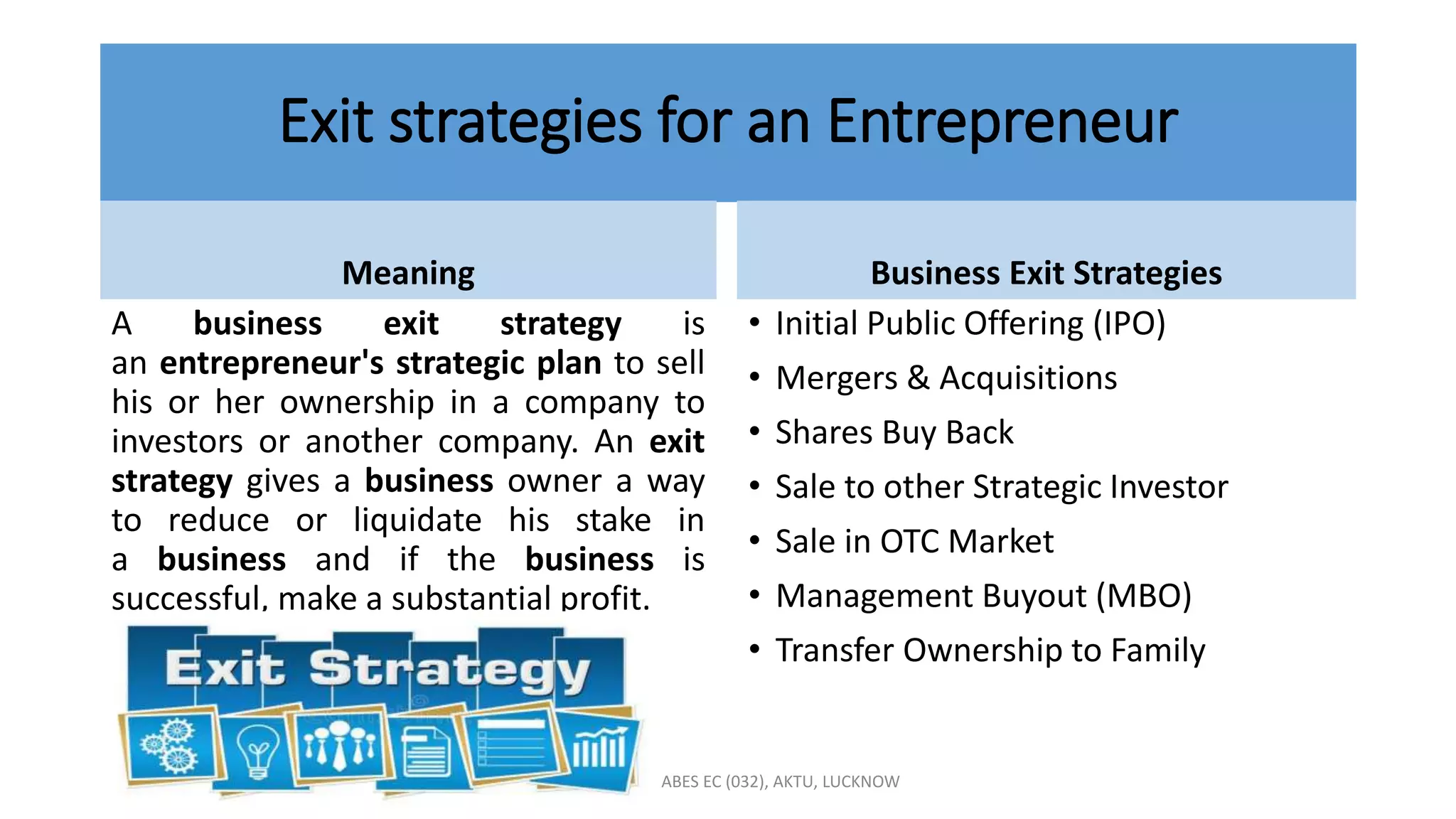 Exit strategies for an Entrepreneur
Meaning
A business exit strategy is
an entrepreneur's strategic plan to sell
his or her ownership in a company to
investors or another company. An exit
strategy gives a business owner a way
to reduce or liquidate his stake in
a business and if the business is
successful, make a substantial profit.
Business Exit Strategies
• Initial Public Offering (IPO)
• Mergers & Acquisitions
• Shares Buy Back
• Sale to other Strategic Investor
• Sale in OTC Market
• Management Buyout (MBO)
• Transfer Ownership to Family
ACHLA TYAGI, ABES EC (032), AKTU, LUCKNOW
 