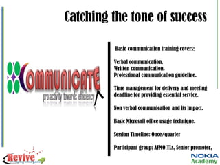 Catching the tone of success Basic communication training covers: Verbal communication. Written communication. Professional communication guideline. Time management for delivery and meeting deadline for providing essential service. Non verbal communication and its impact. Basic Microsoft office usage technique. Session Timeline: Once/quarter Participant group: AFMO,TLs, Senior promoter,  