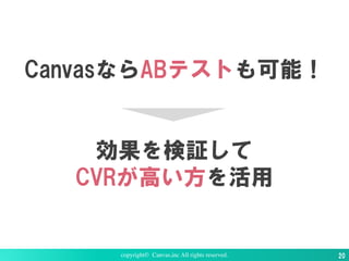 CanvasならABテストも可能！
効果を検証して
CVRが高い方を活用
copyright© Canvas,inc All rights reserved. 20
 