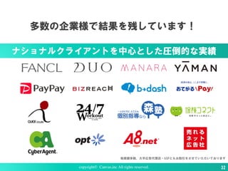 他実績多数、大手広告代理店・ASPともお取引をさせていただいております
ナショナルクライアントを中心とした圧倒的な実績
copyright© Canvas,inc All rights reserved. 32
多数の企業様で結果を残しています！
 