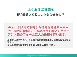 RPA連携ってどのような仕様なの？
よくあるご質問⑤
チャットLP内で取得した情報を弊社サーバー
で一時的に保持し、Javascriptを用いてクライ
アント様のフォームに入力処理を行います。
基本的にはクライアント様側での作業は発生致しませんのでご安心
下さい。
※在庫連携を行う場合は事前にapiをご教示下さい。
copyright© Canvas,inc All rights reserved. 37
 