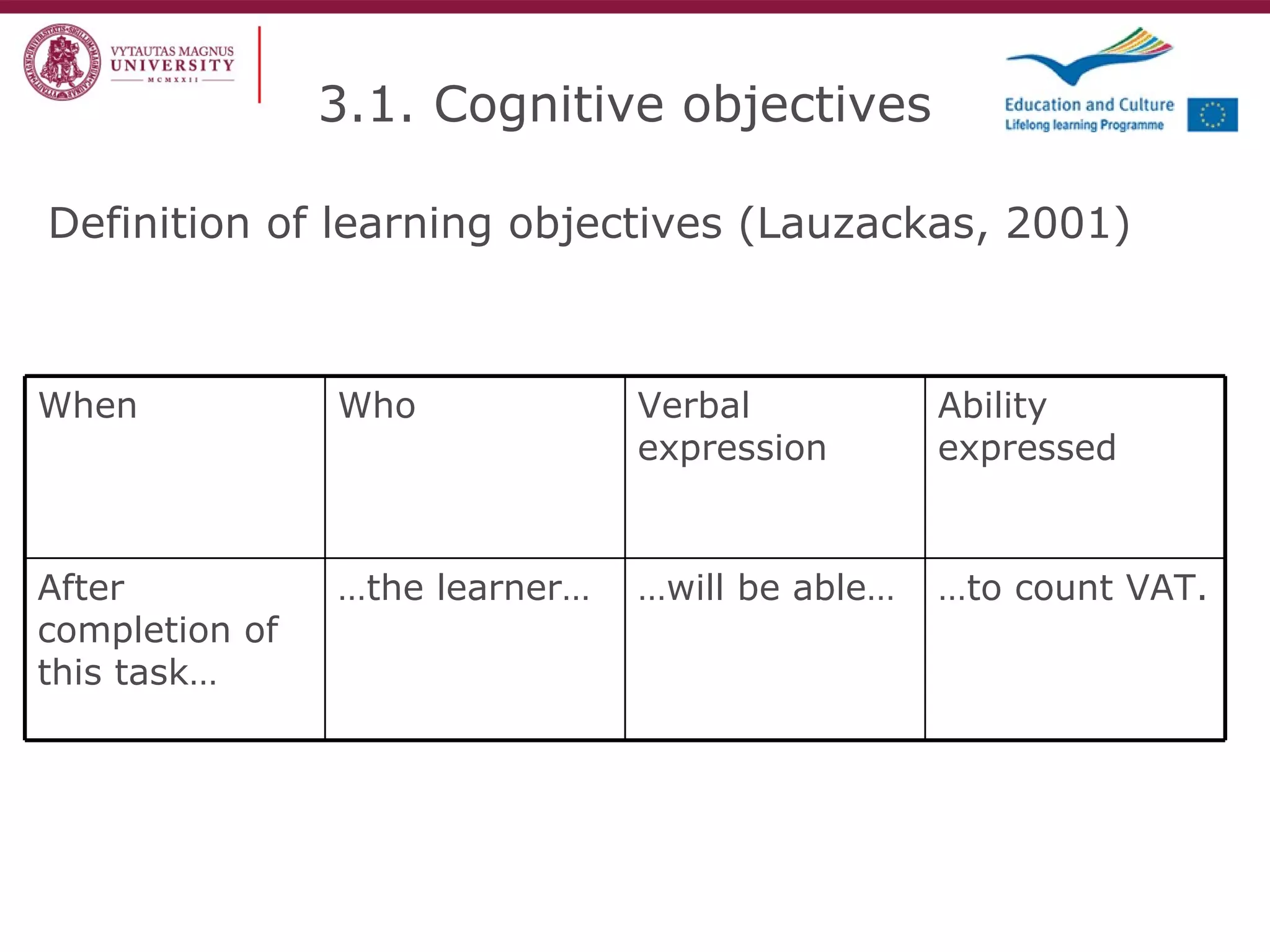 Definition of learning objectives (Lauzackas, 2001) 3.1. Cognitive objectives When Who Verbal expression Ability expressed After completion of this task… … the learner… … will be able… … to count VAT. 