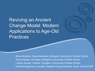 Reviving an Ancient
Change Model: Modern
Applications to Age-Old
Practices


  Steve Boynton, Superintendent, Arlington Community Charter School
  Travis Reeser, Principal, Arlington Community Charter School
  Lorena Woods, Teacher, Arlington Community Charter School
  Rinda Montgomery Conwell, Assistant Superintendent, North Central ESD
 