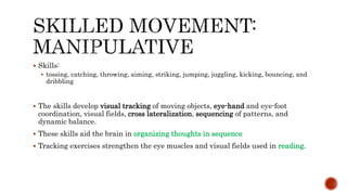  Skills:
 tossing, catching, throwing, aiming, striking, jumping, juggling, kicking, bouncing, and
dribbling
 The skills develop visual tracking of moving objects, eye-hand and eye-foot
coordination, visual fields, cross lateralization, sequencing of patterns, and
dynamic balance.
 These skills aid the brain in organizing thoughts in sequence
 Tracking exercises strengthen the eye muscles and visual fields used in reading.
 