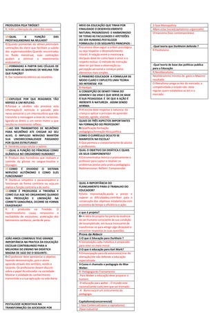 PRODUZIDA PELA TIRÓIDE?
R: Inibir a liberação de cálcio dos ossos.
10-QUAL A FUNÇÃO DAS
PROSTAGLANDINAS NA MULHER?
R;Quando pronientes do sêmen,estimulam
contrações do útero que facilitam a subida
dos espermatozóides.Quando encontradas
no fluido menstrual, suas contrações
ajudam a eliminar o revestimento
endometrial.
11-FORMADAS A PARTIR DAS CÉLULAS DE
SCHAWANN AS BAINHAS DE MIELINA TEM
QUE FUNÇÃO?
R; Dar isolamento elétrico ao neurônio.
12-EXPLIQUE POR QUE REAGIMOS TÃO
RÁPIDO A UM REFLEXO.
R;Porque o cérebro não processa esta
informação.O estímulo e passado pelo
nervo sensorial a um interneurônio que não
transmite a mensagem a área do raciocínio,
ligando-se direto a um nervo motor o que
resulta no movimento reflexo.
13-AO SER TRANSMITIDO DE NEURÔNIO
PARA NEURÔNIO ATE CHEGAR AO SEU
ALVO, O IMPULSO NERVOSO MANTÉM
SUA UNIDIRECIONALIDADE PASSANDO
POR QUAIS ESTRUTURAS?
R: Dendrito,corpo celular e axônio.
14-QUAL A FUNÇÃO DO PÂNCREAS COMO
GLÂNDULA NO ORGANISMO HUMANO?
R: Produzir dois hormônios que realizam o
controle da glicose no sangue.Insulina e
Glucagon.
15-COMO É DIVIDIDO O SISTEMA
NERVOSO AUTÔNOMO E COMO ELES
FUNCIONAM?
R: Divide-se simpático e parassimpático e
funcionam de forma contrária ou seja,um
realiza a função contrária a do outro.
16-ONDE É PRODUZIDA A TIROXÍNA E
COMO ELA AGE NO ORGANISMO QUANDO
SUA PRODUÇÃO E LIBERAÇÃO NA
CORRETE SANGUÍNEA, OCORRE DE FORMA
EXAGERADA?
R: E produzida na Tireóide. O
hipertireoidismo causa; nervosismo e
excitabilida de excessivos; aceleração dos
batimentos cardíacos; perda de peso.
JOÃO AMOS COMENIUS TEVE GRANDE
IMPORTÂNCIA NA PRATICA DA EDUCAÇÃO
ESCOLAR CONTRIBUINDO PARA A
MELHORIA DO ENSINO NA DIDÁTICA
MAGNA DE 1632 DIZ O SEGUINTE:
R=O professor deve apresentar o objetivo
fazendo demonstração, pois o aluno
aprende através dos sentidos, vendo e
tocando. Os professores devem discutir
sobre o papel do educador na sociedade.
Mostrar a utilidade do conhecimento
transmitido e a sua aplicação na vida diária
PESTALOZZE ACREDITAVA NA
TRANSFORMÇÃO DA SOCIEDADE POR
MEIO DA EDUCAÇÃO QUE TINHA POR
FINALIDADE O DESENVOLVIMENTO
NATURAL PROGRESSIVO E HARMONIOSO
DE TODAS AS FACULDADES E APETIDÕES
DO SER HUMANO.PESTALOZZE
FORMULOU O OS SEGUINTES PRINCIPIOS :
R=o ensino deve seguir a ordem psicológica
ou seja respeitar o desenvolvimento
infantil. A relação entre o mestre e o
discípulo deve ter como base o amor e o
respeito mútuo. O método de instrução
deve ter por base a observação ou
percepção sensorial e começar pelos
elementos mais simples.
O PRIMEIRO EDUCADOR A FORMULAR DE
MODO CLARO E EXPLICITO UMA TEORIA
DO INTERESSE FOI:
R=Herbart
A CONSEPÇÃO DE DEWEY TINHA DO
HOMEM E DA VIDA E QUE SERVE DE BASE
Á SUA PEDAGOGIA É DE QUE A AÇÃO É
INERENTE À NATUREZA . ASSIM SENDO
AFIRMA:
R=A escola deve respeitar a natureza da
criança e aplicar o principio do aprender
fazendo, agindo, vivendo.
QUAIS OS TRÊS ASPECTOS IMPORTANTES
NA FORMAÇÃO DO PROFESSOR?
R:Qualificação formação
pedagógica,formação ética,política
COMO O CURRÍCULO OCULTO SE
MANIFESTA NA ESCOLA?
R:Que permeia o comportamento de alunos
e professores.
QUAL O OBJETIVO DA DIDÁTICA E QUAIS
OS SEUS COMPONENTES?
R:Estrumentraliza teórica e praticamente o
professor para captar e resolver os
problemas postos pela pratica pedagógica.
Redimensionar, Refletir, Compreender.
QUAL A IMPORTÂNCIA DO
PLANEJAMENTO PARA O TRABALHO DO
EDUCADOR?
R;Evita improvisação,ajuda a prever e
superar as dificuldades,contribuir para a
consecução dos objetivos estabelecida com
economia de tempo e eficiência e ação.
o que é projeto?
R= A idéia de projeto faz parte da essência
do ser humano consciente de sua condição
de incompletude, em busca incessante de
transformar-se para atingir algo desejável e
encontrar respostas às suas questões.
Prova da Aldecir
1-O que é Educação para Durkhein ?
R:Socialização,cada individuo é preparado
para viver no meio moral.
2-O que é educação para Karl Mark?
R:Emancipação para dá autonomia,tirar da
alienação/ele não defende a educação
especializada
3-Como é chamada a pedagogia do Max
Weber.
R: Pedagogia do Treinamento.
-Para Weber a educação deve preparar o
homem.
-A educação para weber : O mundo esta
racionalizando tudo,tem que ser treinado.
-A Burocracia é um instrumento da
pedagogia.
Capitalismo(concorrencial)
1 fase-Comercial(nasce o capitalismo)
2fase-Industrial
3-fase-Monopolista
4Bem estar Social(capitalismo organizado)
5Financeira (fase contemporânea)
-Qual teoria que Durkheim defende ?
R:Positivismo
-Qual teoria de base das políticas publica
para a Educação
R;Neoliberalismo.
Neoliberalismo mínimo de gasto e Maximo
resultado
O liberalismo prega as leis do mercado, a
competividade o estado não deve
regular,quem estabelece as leis e o
mercado.
 