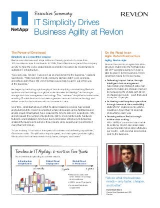 Executive Summary
                       IT Simplicity Drives
                       Business Agility at Revlon

The Power of One(ness)                                                                 On the Road to an
Simplicity as a competitive weapon                                                     Agile Data Infrastructure
Revlon manufactures and ships millions of beauty products to more than                 Agility, Revlon style
100 countries across 6 continents. In 2006, David Giambruno joined the company         Now on the road to an agile data infra-
as CIO to help the iconic global brand accelerate innovation by modernizing its        structure enabled by the NetApp Data
outdated IT infrastructure.                                                            ONTAP ® operating system, Revlon is
                                                                                       able to align IT to the business. Here’s
“Six years ago, Revlon IT was seen as an impediment to the business,” explains         what that means for Revlon today.
Giambruno. “Web mail didn’t exist, company laptops didn’t work overseas,
and offices didn’t have WiFi. My first task was simply to get IT out of the way        •	Delivering impact faster through
of the business.”                                                                        intelligent data management
                                                                                       	 Automation and intelligent data man-
He began by instituting a philosophy of brutal simplicity, standardizing Revlon’s        agement enable one storage engineer
s
­ ystems and technology on a global scale. He selected NetApp® as the single             to manage 3.6PB of data with 30TB
storage and data management technology. This “oneness” simplified administration,        of changes per week—work that used
enabling IT administrators to achieve a greater command of the technology and            to require 10 people.
deliver more for the business with no increase in costs.                               •	Achieving nondisruptive operations
                                                                                         through immortal data availability
Over time, what started as an effort to deliver baseline services has yielded          	 Data ONTAP enables six-9s uptime,
profound benefits. Revlon’s simplified vendor philosophy and a NetApp based              resulting in fewer than 13 seconds
private cloud infrastructure have reduced the time to deliver IT projects by 70%         of downtime each year.
and increased the number of projects by 425%. Incremental costs, hardware              •	Growing without limits through
footprint, and installation time have been eliminated. Effectively, NetApp has           infinite data scaling
enabled the business to achieve these results while avoiding an investment of            With 3.6PB of committed data inside
more than $70 million.                                                                   its systems, Revlon can scale easily—
                                                                                         consuming 660 million SKU attributes
“In our industry, it’s all about the speed of business and delivering capabilities,”     per month—with minimal incremental
Giambruno adds. “Simplification equals speed, and that speed provides agility.           cost to the business.
We do what the business needs—only faster, cheaper, and better.”




    Timeline to IT Agility: 0-100% in Five Years
    No incremental spending to achieve results.

      Infrastructure               Global Cloud              Global Cloud
      Simplification               Deployment                in Production

                       18 months                  3 years                   5 years
                                                         • Reduced costs with
                                                           $70+ million in savings
                                                           and avoidance               “We do what the business
                                                         • 425% more IT projects        needs—only faster, cheaper,
                                                         • Increased business           and better.”
                                                           capabilities
                                                                                        David Giambruno
                                                                                        Senior Vice President and CIO
                                                                                        Revlon
 