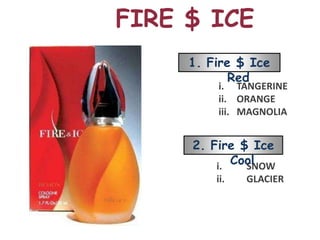 FIRE $ ICE
     1. Fire $ Ice
            Red
         i. TANGERINE
         ii. ORANGE
         iii. MAGNOLIA


     2. Fire $ Ice
         i. Cool
              SNOW
         ii.   GLACIER
 