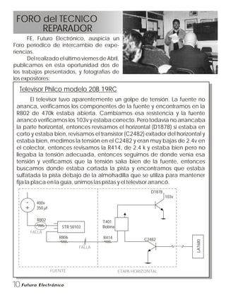 10
FE, Futuro Electrónico, auspicia un
Foro períodico de intercambio de expe-
riencias.
Del realizado el último viernes de Abril,
publicamos en esta oportunidad dos de
los trabajos presentados, y fotografías de
los expositores:
Televisor Philco modelo 20B 19RC
El televisor tuvo aparentemente un golpe de tensión. La fuente no
arranca, verificamos los componentes de la fuente y encontramos en la
R802 de 470k estaba abierta. Cambiamos esa resistencia y la fuente
arrancó verificamos los 103v y estaba correcto. Pero todavía no arrancaba
la parte horizontal, entonces revisamos el horizontal (D1878) si estaba en
corto y estaba bien, revisamos el transistor (C2482) exitador del horizontal y
estaba bien, medimos la tensión en el C2482 y eran muy bajas de 2.4v en
el colector, entonces revisamos la R414, de 2.4 k y estaba bien pero no
llegaba la tensión adecuada, entonces seguimos de donde venía esa
tensión y verificamos que la tensión salía bien de la fuente, entonces
buscamos donde estaba cortada la pista y encontramos que estaba
sulfatada la pista debajo de la almohadilla que se utiliza para mantener
fija la placa en la guía, unimos las pistas y el televisor arrancó.
FORO del TECNICO
REPARADOR
-
+
400v
350 f
R802
STR 50103
R806 R414
T401
Bobina
103v
D1878
LA7680
FALLA
FALLA
FUENTE ETAPA HORIZONTAL
C2482
 