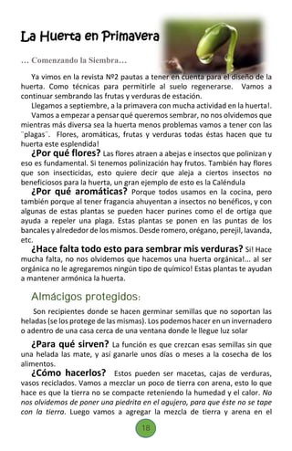 La Huerta en Primavera
… Comenzando la Siembra…
Ya vimos en la revista Nº2 pautas a tener en cuenta para el diseño de la
huerta. Como técnicas para permitirle al suelo regenerarse. Vamos a
continuar sembrando las frutas y verduras de estación.
Llegamos a septiembre, a la primavera con mucha actividad en la huerta!.
Vamos a empezar a pensar qué queremos sembrar, no nos olvidemos que
mientras más diversa sea la huerta menos problemas vamos a tener con las
¨plagas¨. Flores, aromáticas, frutas y verduras todas éstas hacen que tu
huerta este esplendida!
¿Por qué flores? Las flores atraen a abejas e insectos que polinizan y
eso es fundamental. Si tenemos polinización hay frutos. También hay flores
que son insecticidas, esto quiere decir que aleja a ciertos insectos no
beneficiosos para la huerta, un gran ejemplo de esto es la Caléndula
¿Por qué aromáticas? Porque todos usamos en la cocina, pero
también porque al tener fragancia ahuyentan a insectos no benéficos, y con
algunas de estas plantas se pueden hacer purines como el de ortiga que
ayuda a repeler una plaga. Estas plantas se ponen en las puntas de los
bancales y alrededor de los mismos. Desde romero, orégano, perejil, lavanda,
etc.
¿Hace falta todo esto para sembrar mis verduras? Si! Hace
mucha falta, no nos olvidemos que hacemos una huerta orgánica!... al ser
orgánica no le agregaremos ningún tipo de químico! Estas plantas te ayudan
a mantener armónica la huerta.
Almácigos protegidos:
Son recipientes donde se hacen germinar semillas que no soportan las
heladas (se los protege de las mismas). Los podemos hacer en un invernadero
o adentro de una casa cerca de una ventana donde le llegue luz solar
¿Para qué sirven? La función es que crezcan esas semillas sin que
una helada las mate, y así ganarle unos días o meses a la cosecha de los
alimentos.
¿Cómo hacerlos? Estos pueden ser macetas, cajas de verduras,
vasos reciclados. Vamos a mezclar un poco de tierra con arena, esto lo que
hace es que la tierra no se compacte reteniendo la humedad y el calor. No
nos olvidemos de poner una piedrita en el agujero, para que éste no se tape
con la tierra. Luego vamos a agregar la mezcla de tierra y arena en el
18
 