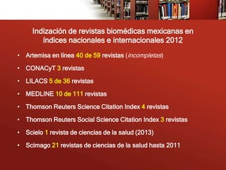 Indización de revistas biomédicas mexicanas en
        índices nacionales e internacionales 2012
• Artemisa en línea 40 de 59 revistas (incompletas)

• CONACyT 3 revistas

• LILACS 5 de 36 revistas

• MEDLINE 10 de 111 revistas

• Thomson Reuters Science Citation Index 4 revistas

• Thomson Reuters Social Science Citation Index 3 revistas

• Scielo 1 revista de ciencias de la salud (2013)

• Scimago 21 revistas de ciencias de la salud hasta 2011
 
