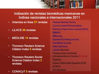 Indización de revistas biomédicas mexicanas en
       índices nacionales e internacionales 2011
• Artemisa en línea 57 revistas

• LILACS 36 revistas

• MEDLINE 14 revistas

• Thomson Reuters Science
  Citation Index 5 revistas

• Thomson Reuters Social
  Science Citation Index 3
  revistas

• CONACyT 5 revistas
 