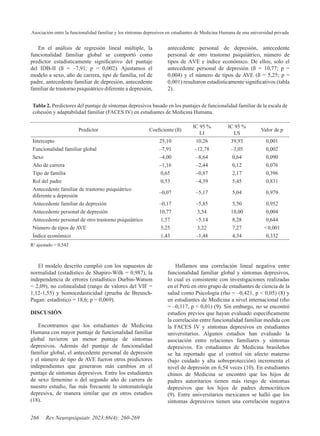 Asociación entre la funcionalidad familiar y los síntomas depresivos en estudiantes de Medicina Humana de una universidad privada
266 Rev Neuropsiquiatr. 2023;86(4): 260-269
En el análisis de regresión lineal múltiple, la
funcionalidad familiar global se comportó como
predictor estadísticamente significativo del puntaje
del IDB-II (ß = –7,91; p = 0,002). Ajustamos el
modelo a sexo, año de carrera, tipo de familia, rol de
padre, antecedente familiar de depresión, antecedente
familiar de trastorno psiquiátrico diferente a depresión,
antecedente personal de depresión, antecedente
personal de otro trastorno psiquiátrico, número de
tipos de AVE e índice económico. De ellos, solo el
antecedente personal de depresión (ß = 10,77; p =
0,004) y el número de tipos de AVE (ß = 5,25; p =
0,001) resultaron estadísticamente significativos (tabla
2).
Tabla 2. Predictores del puntaje de síntomas depresivos basado en los puntajes de funcionalidad familiar de la escala de
cohesión y adaptabilidad familiar (FACES IV) en estudiantes de Medicina Humana.
Predictor Coeficiente (ß)
IC 95 %
LI
IC 95 %
LS
Valor de p
Intercepto 25,10 10,26 39,93 0,001
Funcionalidad familiar global –7,91 –12,78 –3,05 0,002
Sexo –4,00 –8,64 0,64 0,090
Año de carrera –1,16 –2,44 0,12 0,076
Tipo de familia 0,65 –0,87 2,17 0,396
Rol del padre 0,53 –4,39 5,45 0,831
Antecedente familiar de trastorno psiquiátrico
diferente a depresión
–0,07 –5,17 5,04 0,979
Antecedente familiar de depresión –0,17 –5,85 5,50 0,952
Antecedente personal de depresión 10,77 3,54 18,00 0,004
Antecedente personal de otro trastorno psiquiátrico 1,57 –5,14 8,28 0,644
Número de tipos de AVE 5,25 3,22 7,27 <0,001
Índice económico 1,43 –1,48 4,34 0,332
R2
ajustado = 0,542
El modelo descrito cumplió con los supuestos de
normalidad (estadístico de Shapiro-Wilk = 0,987), la
independencia de errores (estadístico Durbin-Watson
= 2,09), no colinealidad (rango de valores del VIF =
1,12-1,55) y homocedasticidad (prueba de Breusch-
Pagan: estadístico = 18,6; p = 0,069).
DISCUSIÓN
Encontramos que los estudiantes de Medicina
Humana con mayor puntaje de funcionalidad familiar
global tuvieron un menor puntaje de síntomas
depresivos. Además del puntaje de funcionalidad
familiar global, el antecedente personal de depresión
y el número de tipo de AVE fueron otros predictores
independientes que generaron más cambios en el
puntaje de síntomas depresivos. Entre los estudiantes
de sexo femenino o del segundo año de carrera de
nuestro estudio, fue más frecuente la sintomatología
depresiva, de manera similar que en otros estudios
(18).
Hallamos una correlación lineal negativa entre
funcionalidad familiar global y síntomas depresivos,
lo cual es consistente con investigaciones realizadas
en el Perú en otro grupo de estudiantes de ciencia de la
salud como Psicología (rho = –0,421, p < 0,05) (8) y
en estudiantes de Medicina a nivel internacional (rho
= –0,117, p < 0,01) (9). Sin embargo, no se encontró
estudios previos que hayan evaluado específicamente
la correlación entre funcionalidad familiar medida con
la FACES IV y síntomas depresivos en estudiantes
universitarios. Algunos estudios han evaluado la
asociación entre relaciones familiares y síntomas
depresivos. En estudiantes de Medicina brasileños
se ha reportado que el control sin afecto materno
(bajo cuidado y alta sobreprotección) incrementa el
nivel de depresión en 6,54 veces (10). En estudiantes
chinos de Medicina se encontró que los hijos de
padres autoritarios tienen más riesgo de síntomas
depresivos que los hijos de padres democráticos
(9). Entre universitarios mexicanos se halló que los
síntomas depresivos tienen una correlación negativa
 