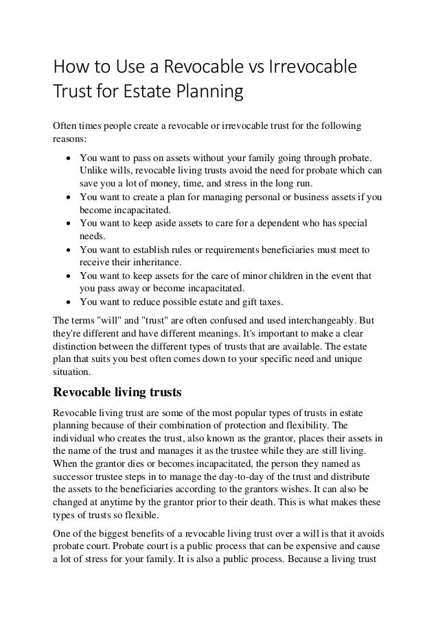 Revocable vs irrevocable trust for estate planning