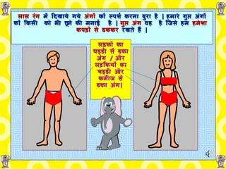 लाल रंग   में   दिखाये गये   अंगों   कों   स्पर्श करना   बुरा   है   |   हमारे   गुप्त   अंगों कों किसी  को   भी   छूने की मनाई   है   |  गुप्त   अंग  वह   है   जिसे हम   हमेशा  कपड़ों से ढककर   रखते हैं  | लड़कों का   चड्डी   सें   ढका   अंग   /   और लड़कियों का चड्डी और कमीज सें   ढका अंग |   