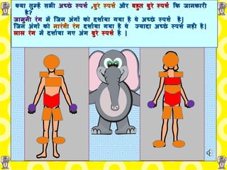 क्या तुम्हें   सभी  अच्छे   स्पर्श   , बुरे स्पर्श  और  बहुत बुरे स्पर्श  कि जानकारी   है ?   जामुनी रंग  में जिन अंगों को दर्शाया गया है   वे अच्छे   स्पर्श  है | जिन अंगों को  नारंगी रंग  दर्शाया गया है   वे  ज्यादा अच्छे   स्पर्श नही है | लाल रंग  में दर्शाया गए अंग  बुरे स्पर्श  है   | 