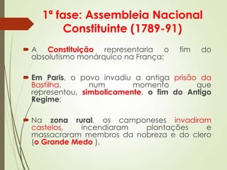 1ª fase: Assembleia Nacional
Constituinte (1789-91)
 A Constituição representaria o fim do
absolutismo monárquico na França;
 Em Paris, o povo invadiu a antiga prisão da
Bastilha, num momento que
representou, simbolicamente, o fim do Antigo
Regime;
 Na zona rural, os camponeses invadiram
castelos, incendiaram plantações e
massacraram membros da nobreza e do clero
(o Grande Medo ).
 