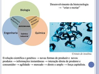Desenvolvimento da biotecnologia
                                              → “criar e recriar”




                                                          Cristais de insulina.
Evolução cientifica e genética → novas formas de produzir e novos
produtos → informações instantâneas → interação direta de produtor e
consumidor → agilidade → mercado → direto e amplo → força capitalista.
 