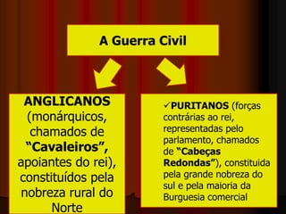 A Guerra Civil
ANGLICANOS
(monárquicos,
chamados de
“Cavaleiros”,
apoiantes do rei),
constituídos pela
nobreza rural do
Norte
PURITANOS (forças
contrárias ao rei,
representadas pelo
parlamento, chamados
de “Cabeças
Redondas”), constituida
pela grande nobreza do
sul e pela maioria da
Burguesia comercial
 