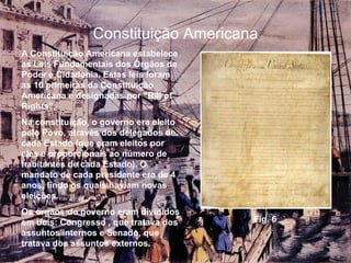 Constituição Americana A Constituição Americana estabelece as Leis Fundamentais dos Órgãos de Poder e Cidadania. Estas leis foram as 10 primeiras da Constituição Americana e designadas por “Bill of Rights”.  Na constituição, o governo era eleito pelo Povo, através dos delegados de cada Estado (que eram eleitos por eles e proporcionais ao número de habitantes de cada Estado). O mandato de cada presidente era de 4 anos, findo os quais haviam novas eleições.  Os órgãos do governo eram divididos em dois: Congresso , que tratava dos assuntos internos e Senado, que tratava dos assuntos externos. Fig. 6 