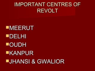 IIMMPPOORRTTAANNTT CCEENNTTRREESS OOFF 
RREEVVOOLLTT 
MMEEEERRUUTT 
DDEELLHHII 
OOUUDDHH 
KKAANNPPUURR 
JJHHAANNSSII && GGWWAALLIIOORR 
 