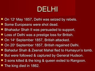 DDEELLHHII 
 OOnn 1122tthh MMaayy 11885577,, DDeellhhii wwaass sseeiizzeedd bbyy rreebbeellss.. 
 SSoommee EEuurrooppeeaannss wweerree sshhoott ddeeaadd.. 
 BBhhaahhaadduurr SShhaahh IIII wwaass ppeerrssuuaaddeedd ttoo ssuuppppoorrtt.. 
 LLoossss ooff DDeellhhii wwaass aa pprreessttiiggee lloossss ffoorr BBrriittiisshh.. 
 OOnn 1144tthh SSeepptteemmbbeerr 11885577,, BBrriittiisshh aattttaacckkeedd.. 
 OOnn 2200tthh SSeepptteemmbbeerr 11885577,, BBrriittiisshh rreeggaaiinneedd DDeellhhii.. 
 BBaahhaadduurr SShhaahh && ZZeeeennaatt MMaahhaall fflleedd ttoo HHuummaayyuunn’’ss ttoommbb.. 
 BBuutt wweerree ffoolllloowweedd && ccaappttuurreedd bbyy GGeenneerraall HHuuddssoonn.. 
 33 ssoonnss kkiilllleedd && tthhee kkiinngg && qquueeeenn eexxiilleedd ttoo RRaannggoooonn.. 
 TThhee kkiinngg ddiieedd iinn 11886622.. 
 