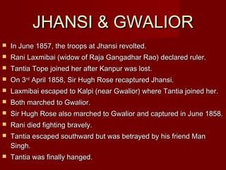 JJHHAANNSSII && GGWWAALLIIOORR 
 In June 1857, the troops aatt JJhhaannssii rreevvoolltteedd.. 
 RRaannii LLaaxxmmiibbaaii ((wwiiddooww ooff RRaajjaa GGaannggaaddhhaarr RRaaoo)) ddeeccllaarreedd rruulleerr.. 
 TTaannttiiaa TTooppee jjooiinneedd hheerr aafftteerr KKaannppuurr wwaass lloosstt.. 
 OOnn 33rrdd AApprriill 11885588,, SSiirr HHuugghh RRoossee rreeccaappttuurreedd JJhhaannssii.. 
 LLaaxxmmiibbaaii eessccaappeedd ttoo KKaallppii ((nneeaarr GGwwaalliioorr)) wwhheerree TTaannttiiaa jjooiinneedd hheerr.. 
 BBootthh mmaarrcchheedd ttoo GGwwaalliioorr.. 
 SSiirr HHuugghh RRoossee aallssoo mmaarrcchheedd ttoo GGwwaalliioorr aanndd ccaappttuurreedd iinn JJuunnee 11885588.. 
 RRaannii ddiieedd ffiigghhttiinngg bbrraavveellyy.. 
 TTaannttiiaa eessccaappeedd ssoouutthhwwaarrdd bbuutt wwaass bbeettrraayyeedd bbyy hhiiss ffrriieenndd MMaann 
SSiinngghh.. 
 TTaannttiiaa wwaass ffiinnaallllyy hhaannggeedd.. 
 