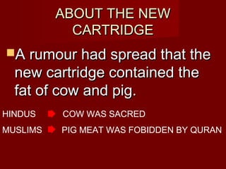 AABBOOUUTT TTHHEE NNEEWW 
CCAARRTTRRIIDDGGEE 
AA rruummoouurr hhaadd sspprreeaadd tthhaatt tthhee 
nneeww ccaarrttrriiddggee ccoonnttaaiinneedd tthhee 
ffaatt ooff ccooww aanndd ppiigg.. 
HINDUS COW WAS SACRED 
MUSLIMS PIG MEAT WAS FOBIDDEN BY QURAN 
 
