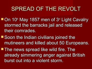 SSPPRREEAADD OOFF TTHHEE RREEVVOOLLTT 
OOnn 1100tthh MMaayy 11885577 mmeenn ooff 33rrdd LLiigghhtt CCaavvaallrryy 
ssttoorrmmeedd tthhee bbaarrrraacckkss jjaaiill aanndd rreelleeaasseedd 
tthheeiirr ccoommrraaddeess.. 
SSoooonn tthhee IInnddiiaann cciivviilliiaannss jjooiinneedd tthhee 
mmuuttiinneeeerrss aanndd kkiilllleedd aabboouutt 5500 EEuurrooppeeaannss.. 
TThhee nneewwss sspprreeaadd lliikkee wwiilldd ffiirree.. TThhee 
aallrreeaaddyy ssiimmmmeerriinngg aannggeerr aaggaaiinnsstt BBrriittiisshh 
bbuurrsstt oouutt iinnttoo aa vviioolleenntt ssttoorrmm.. 
 