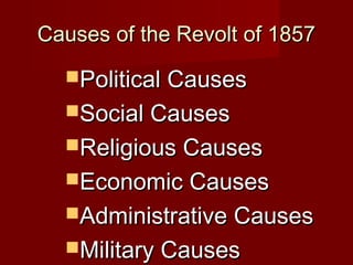CCaauusseess ooff tthhee RReevvoolltt ooff 11885577 
PPoolliittiiccaall CCaauusseess 
SSoocciiaall CCaauusseess 
RReelliiggiioouuss CCaauusseess 
EEccoonnoommiicc CCaauusseess 
AAddmmiinniissttrraattiivvee CCaauusseess 
MMiilliittaarryy CCaauusseess 
 