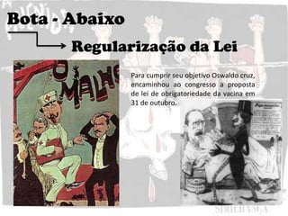 Bota - Abaixo
Regularização da Lei
Para cumprir seu objetivo Oswaldo cruz,
encaminhou ao congresso a proposta
de lei de obrigatoriedade da vacina em
31 de outubro.
 