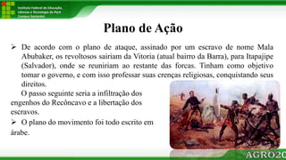 Instituto Federal de Educação,
ciências e Tecnologia do Pará
Campus Santarém
Plano de Ação
 De acordo com o plano de ataque, assinado por um escravo de nome Mala
Abubaker, os revoltosos sairiam da Vitoria (atual bairro da Barra), para Itapajipe
(Salvador), onde se reuniriam ao restante das forcas. Tinham como objetivo
tomar o governo, e com isso professar suas crenças religiosas, conquistando seus
direitos.
O passo seguinte seria a infiltração dos
engenhos do Recôncavo e a libertação dos
escravos.
 O plano do movimento foi todo escrito em
árabe.
11
 