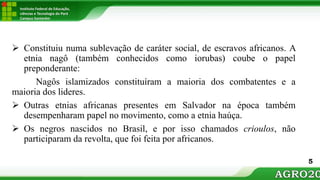 Instituto Federal de Educação,
ciências e Tecnologia do Pará
Campus Santarém
 Constituiu numa sublevação de caráter social, de escravos africanos. A
etnia nagô (também conhecidos como iorubas) coube o papel
preponderante:
Nagôs islamizados constituíram a maioria dos combatentes e a
maioria dos lideres.
 Outras etnias africanas presentes em Salvador na época também
desempenharam papel no movimento, como a etnia haúça.
 Os negros nascidos no Brasil, e por isso chamados crioulos, não
participaram da revolta, que foi feita por africanos.
5
 
