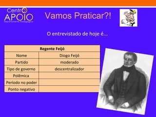 Vamos Praticar?!
                      O entrevistado de hoje é...

                   Regente Feijó
     Nome                    Diogo Feijó
    Partido                  moderado
Tipo de governo           descentralizador
   Polêmica
Período no poder
 Ponto negativo
 