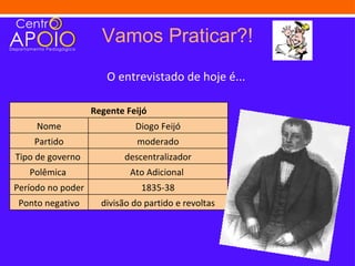 Vamos Praticar?!
                      O entrevistado de hoje é...

                   Regente Feijó
     Nome                    Diogo Feijó
    Partido                   moderado
Tipo de governo           descentralizador
   Polêmica                 Ato Adicional
Período no poder               1835-38
 Ponto negativo      divisão do partido e revoltas
 