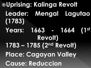 Uprising: Kalinga Revolt
Leader: Mengal Lagutao
(1783)
Years: 1663 - 1664 (1st
Revolt)
1783 – 1785 (2nd Revolt)
Place: Cagayan Valley
Cause: Reduccion
 